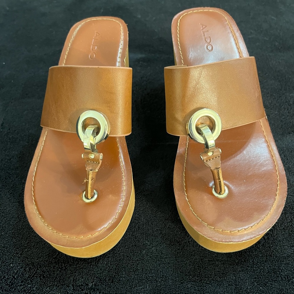 Aldo Tan Leather Mules with Gold Accent